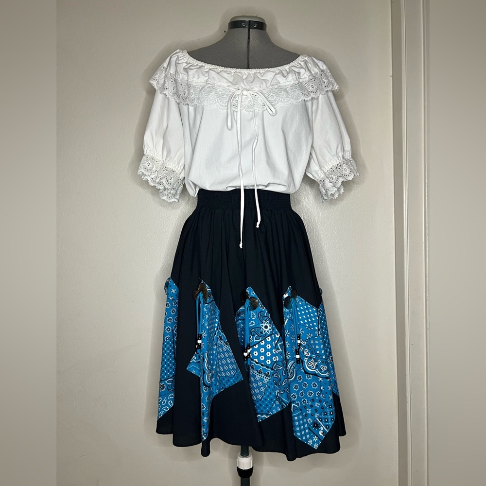 Vintage Top Skirt M Ruffle Prairie Peasant  Rockabilly Gypsy Square Concho